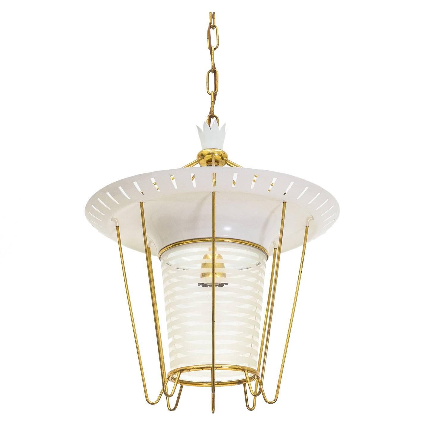 Italian 1950s Lantern in Brass, Glass and Lacquered Aluminum