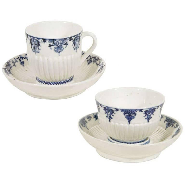 Antique French Soft Paste Porcelain Blue & White Cups & Saucers