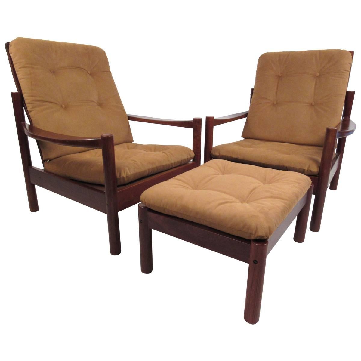 Pair Mid-Century Style Danish Teak Lounge Chairs with Ottoman