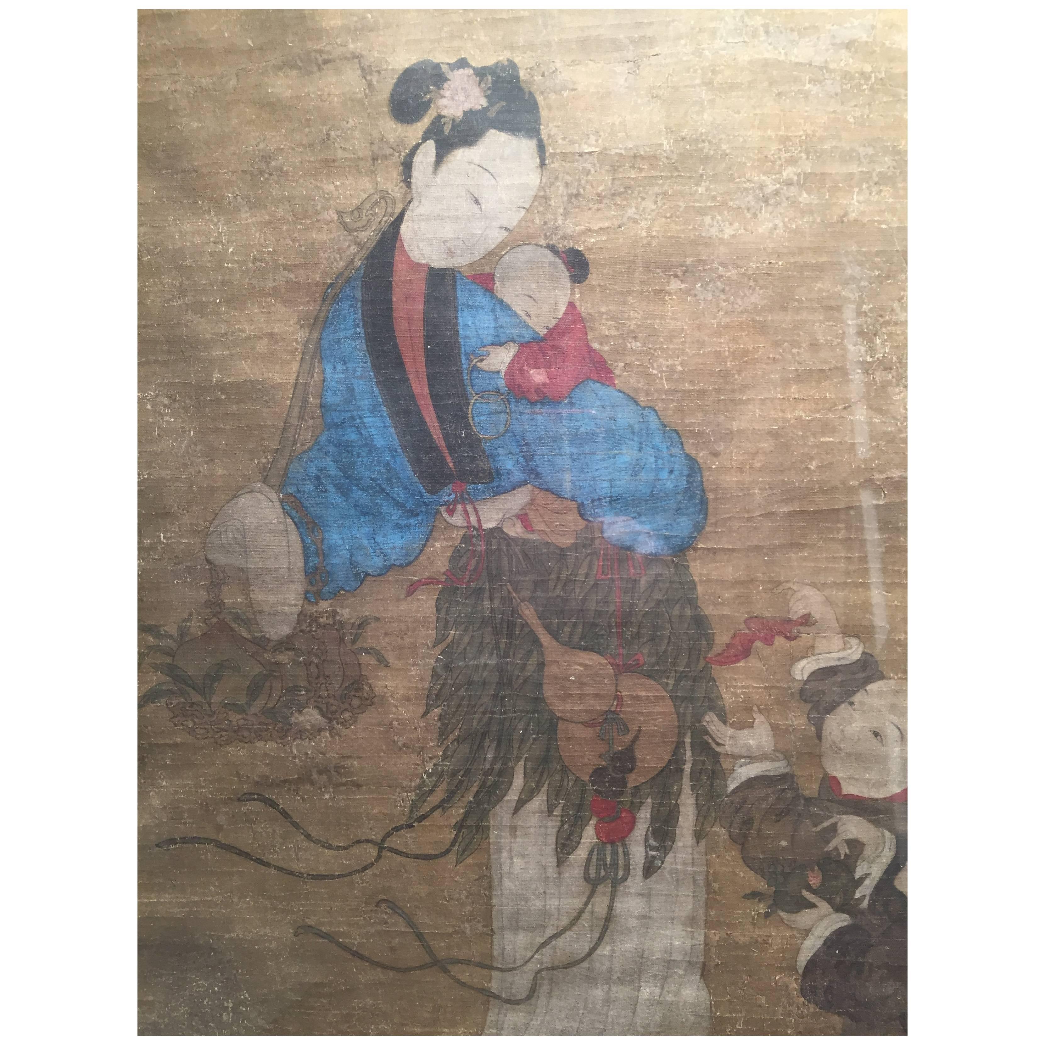 Important Chinese 18thc Painting Immortal "Spirit Brings a Male Child to House" 
