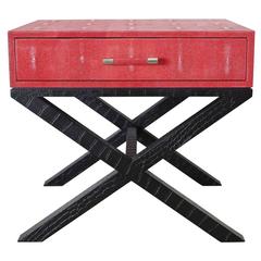Pair of Italian Red Shagreen and Black Leather Side Tables