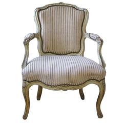 Period Louis XV Signed Upholstered Armchair Fauteuil, 18th Century