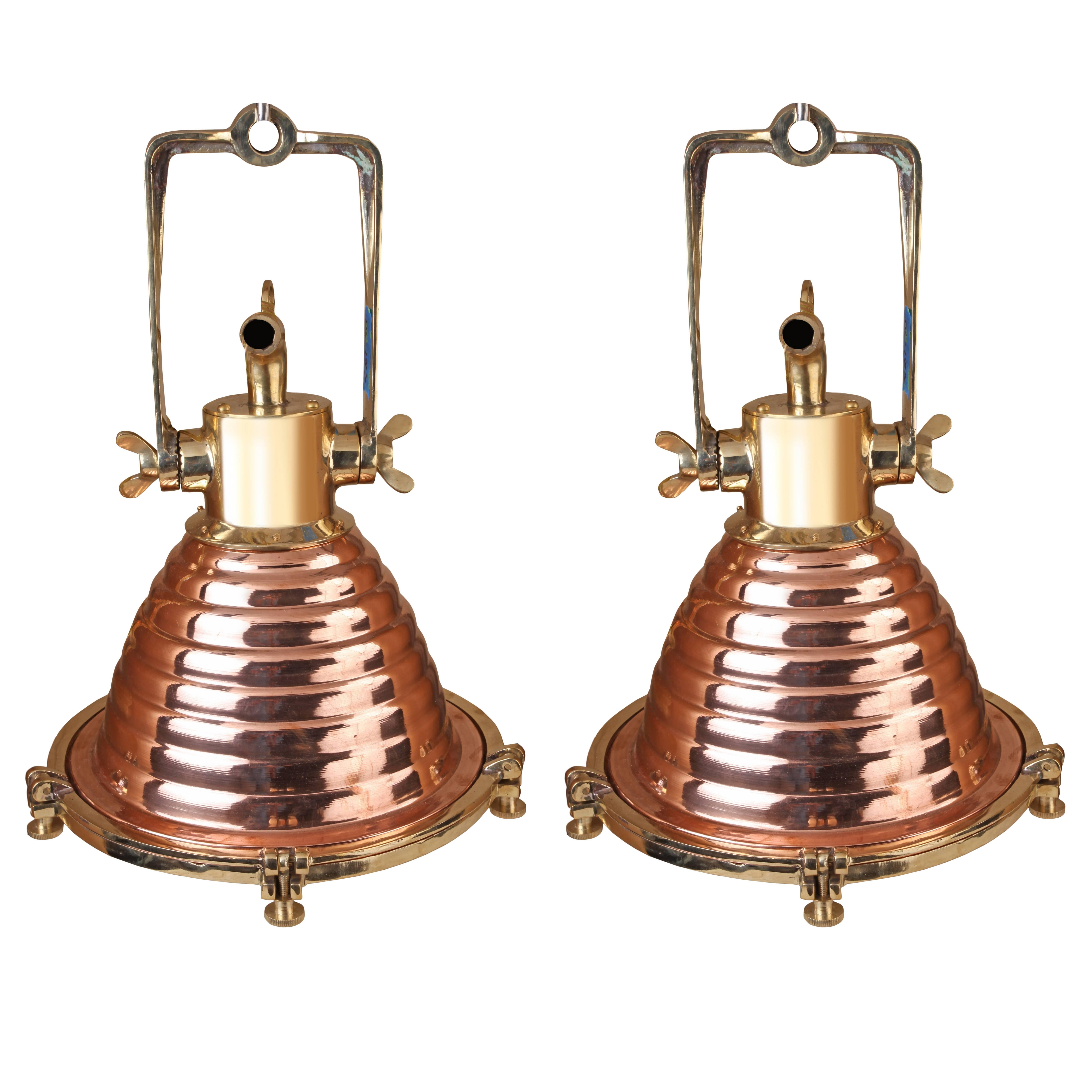 Pair of Mid-Century, Copper and Brass Nautical Ship's Deck Lights