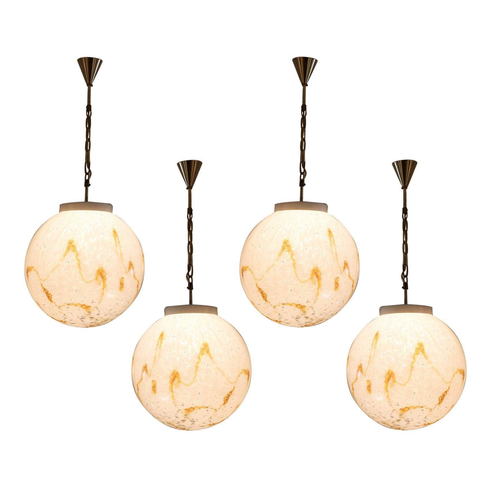 Set of Four Large Pendants in Brass and Art-Glass