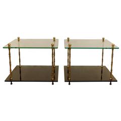 Pair of Bamboo Motif Two-Tier Glass Tables