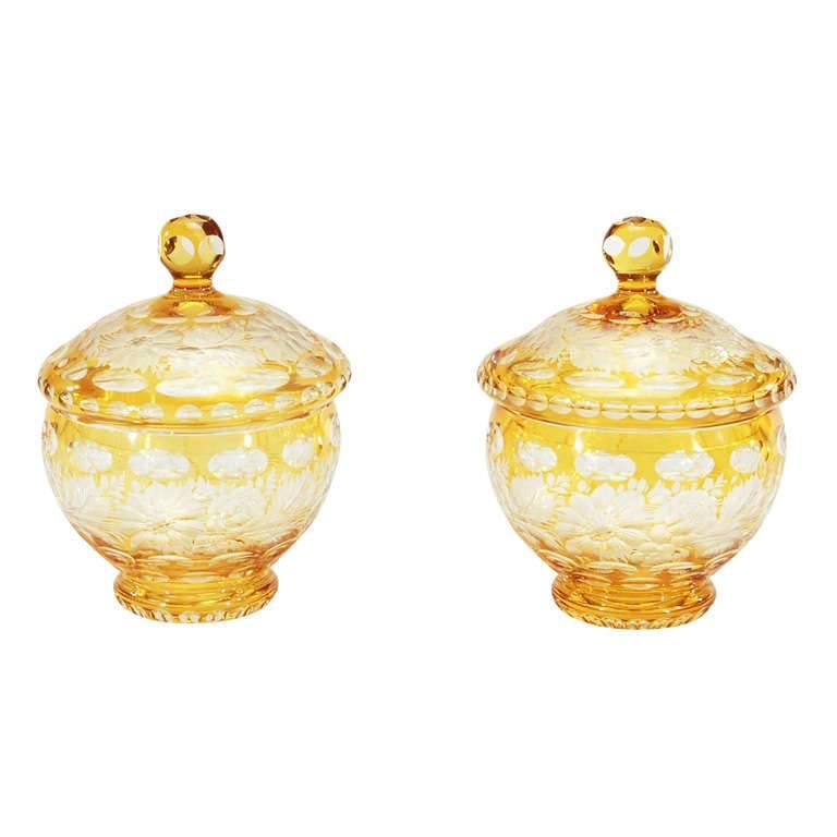 Pair of Bohemian Amber Crystal Cut to Clear Covered Jars