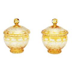 Antique Pair of Bohemian Amber Crystal Cut to Clear Covered Jars