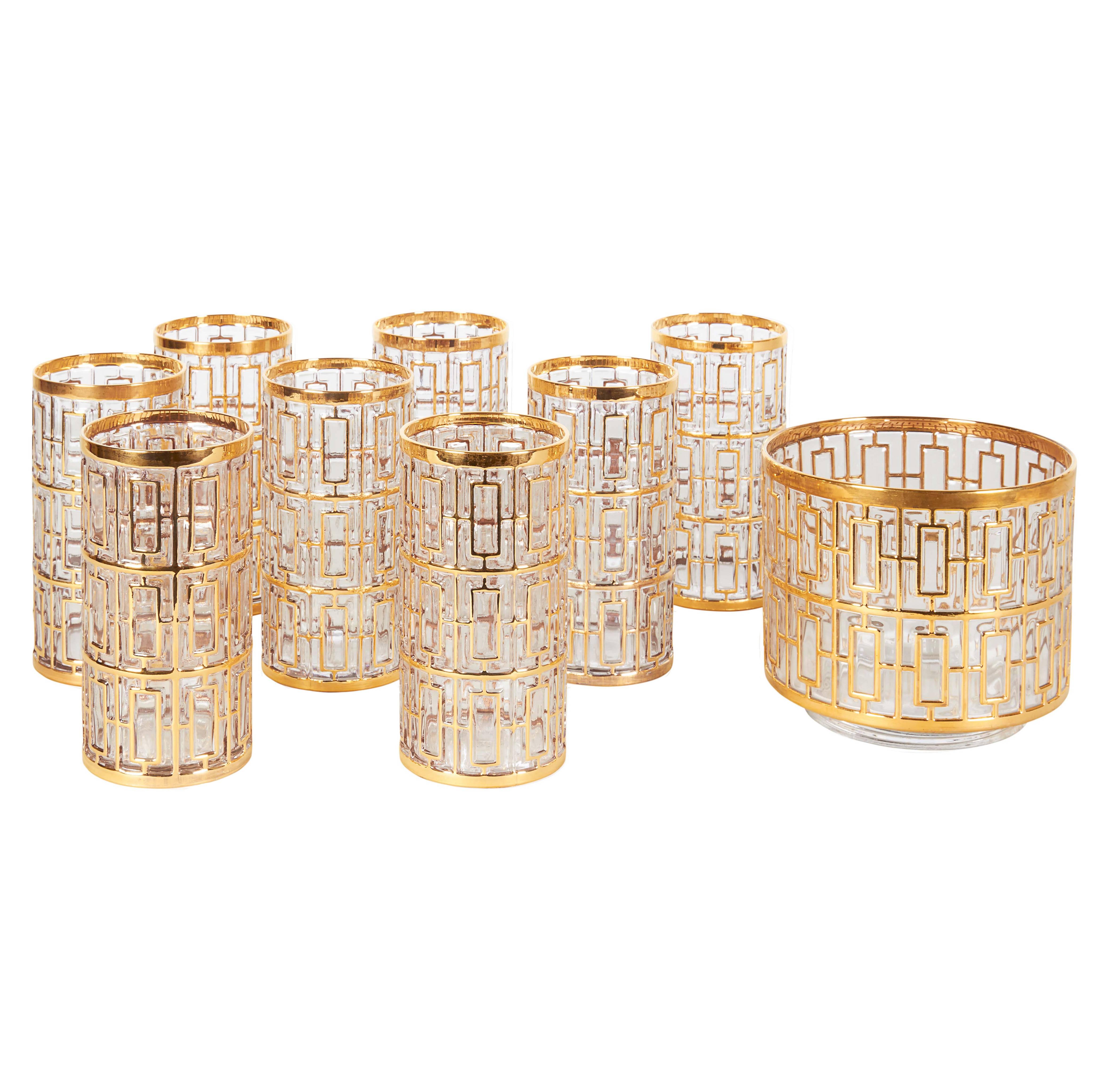 A set of eight Asian inspired highball glasses, produced circa 1960s-1970s by the Imperial Glass Company, each with 22-karat gold Shoji fretwork detailing. Markings include the Imperial Glass hallmark, to the underside of each glass. These highball