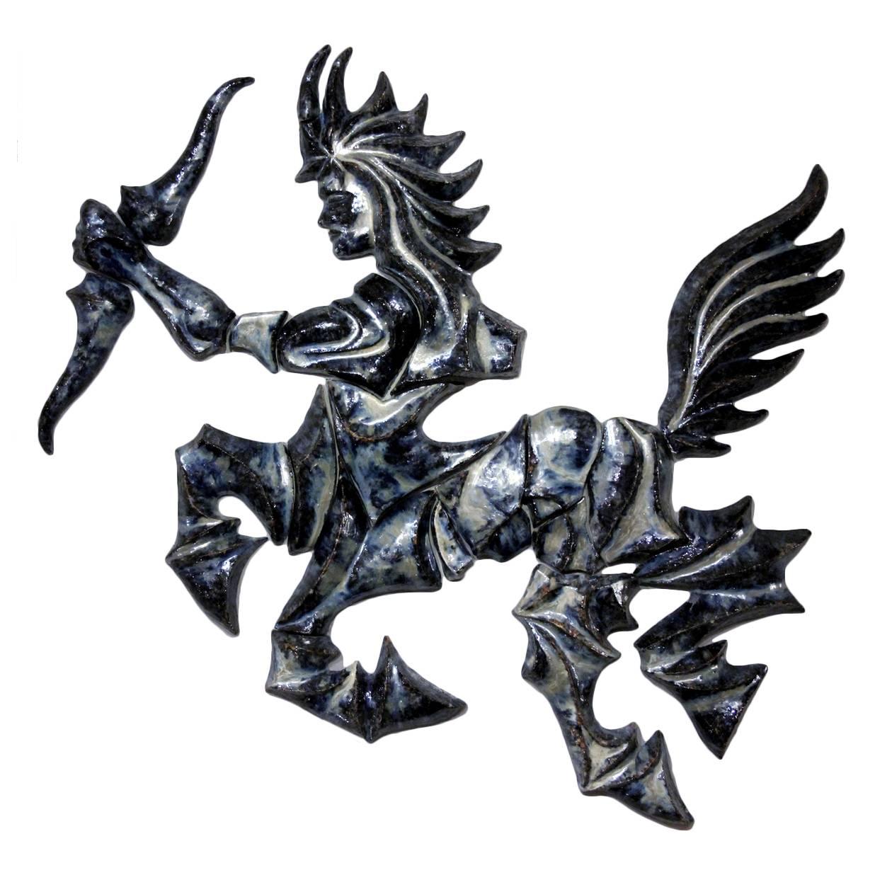 Centaur with a Bow or Sagittaire. Enameled Earthenware, France, circa 1950 For Sale