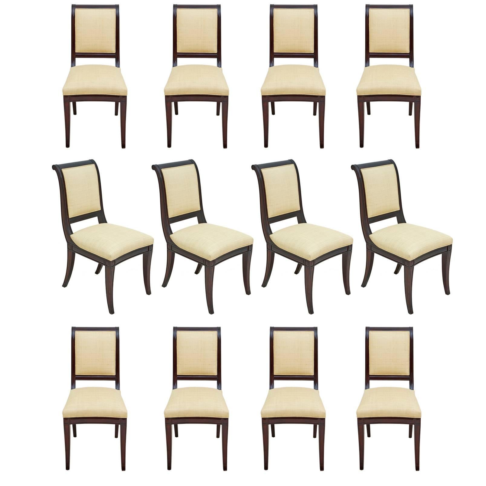 Set of 12 British Colonial Mahogany Dining Chairs Upholstered in Madagascar