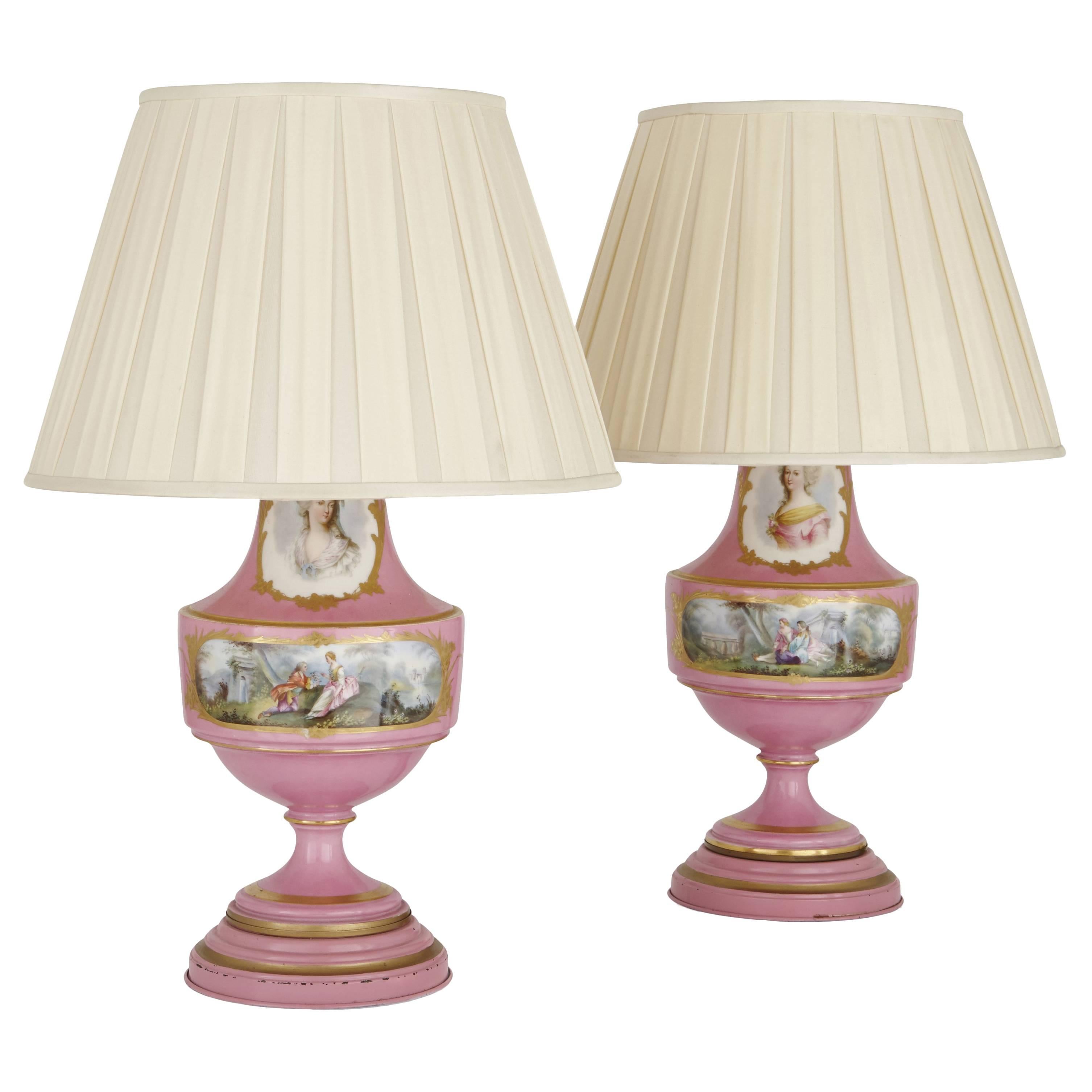 Pair of Sèvres Style Parcel-Gilt Pink Porcelain Lamps