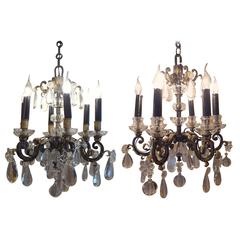 French Two Iron and Crystal Chandeliers Attributed to Maison Baguès, circa 1940