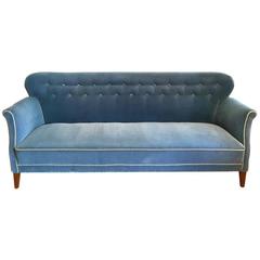 Swedish 1940s Long Buttoned Blue Velvet Sofa
