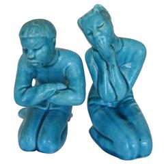 Pair of Mid-20th Century Turquoise Blue Asian Figural Ceramic Sculptures