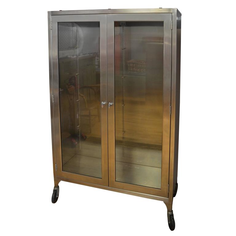 Medical Dental Apothecary Lab Cabinet Lighted Two Door Stainless Steel Glass