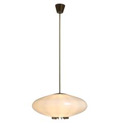 One of Two Large Opaline Glass and Brass Pendants, Sweden, 1940s 1