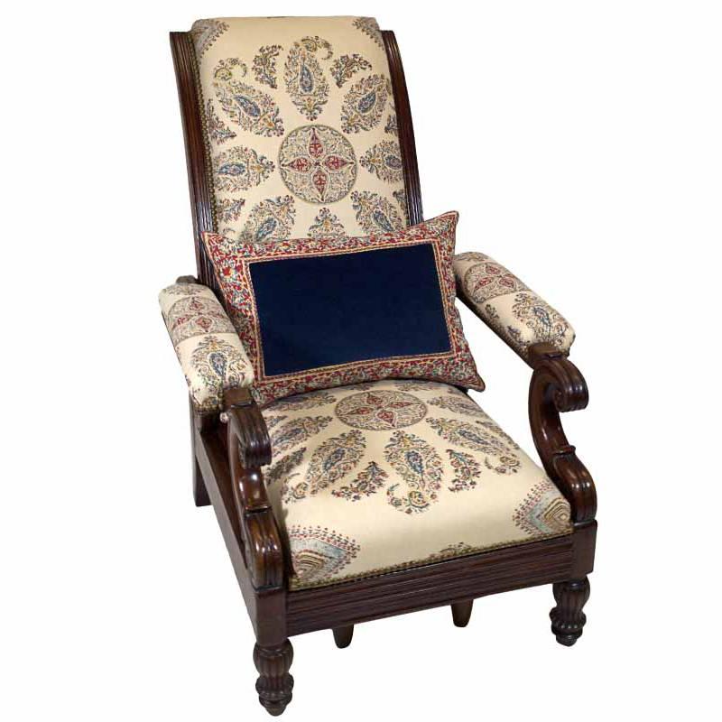 Late Empire Mahogany Armchair Featuring Hand-Printed Blue and Red Paisley Linen