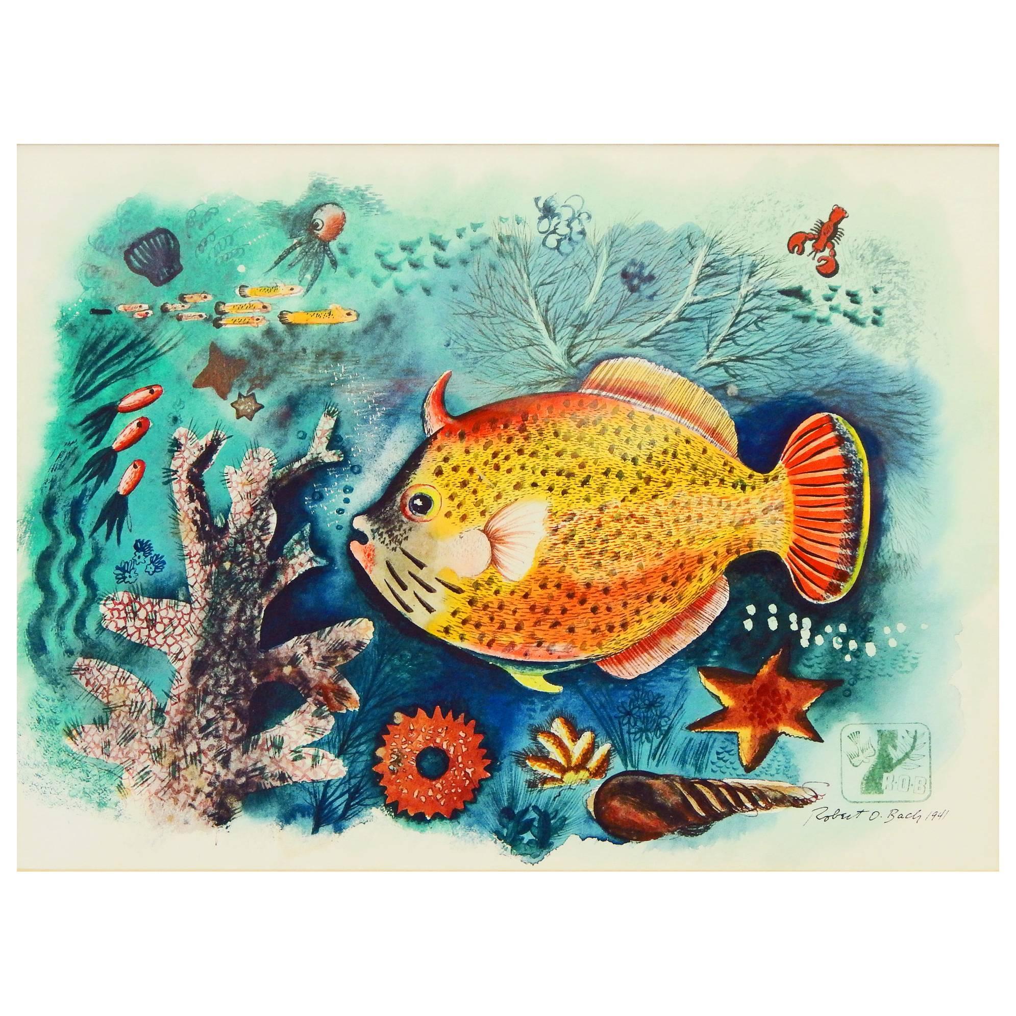 « Tropical Fish », brillante peinture Art Déco sous-marine, Hawaï, 1942 en vente