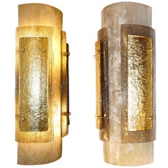 Italian Pair of Modern Gold Smoked Gray and Frosted Ivory Murano Glass Sconces