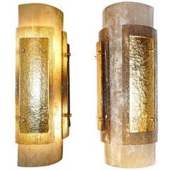 Italian Pair of Modern Gold, Smoked Gray and Frosted Ivory Murano Glass Sconces
