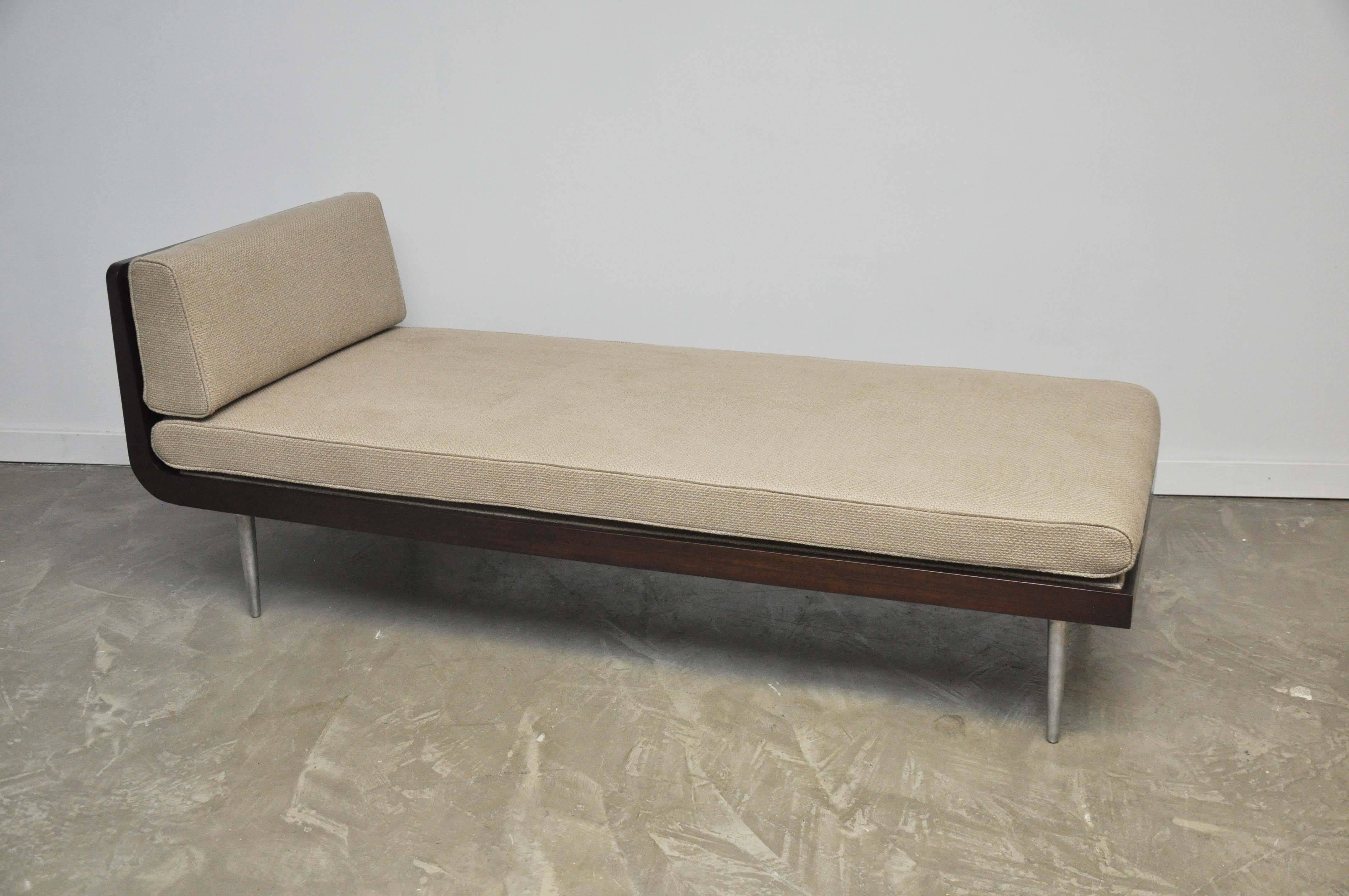 Rare chaise lounge designed by Edward Wormley for Dunbar. Model 1997, design, circa 1941. Fully restored and reupholstered in Great Plains weave. Espresso finish with aluminum legs.

Pair available.