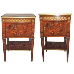 Wonderful French Pair Marble Floral Inlaid Marquetry Ormolu Mounted End Tables