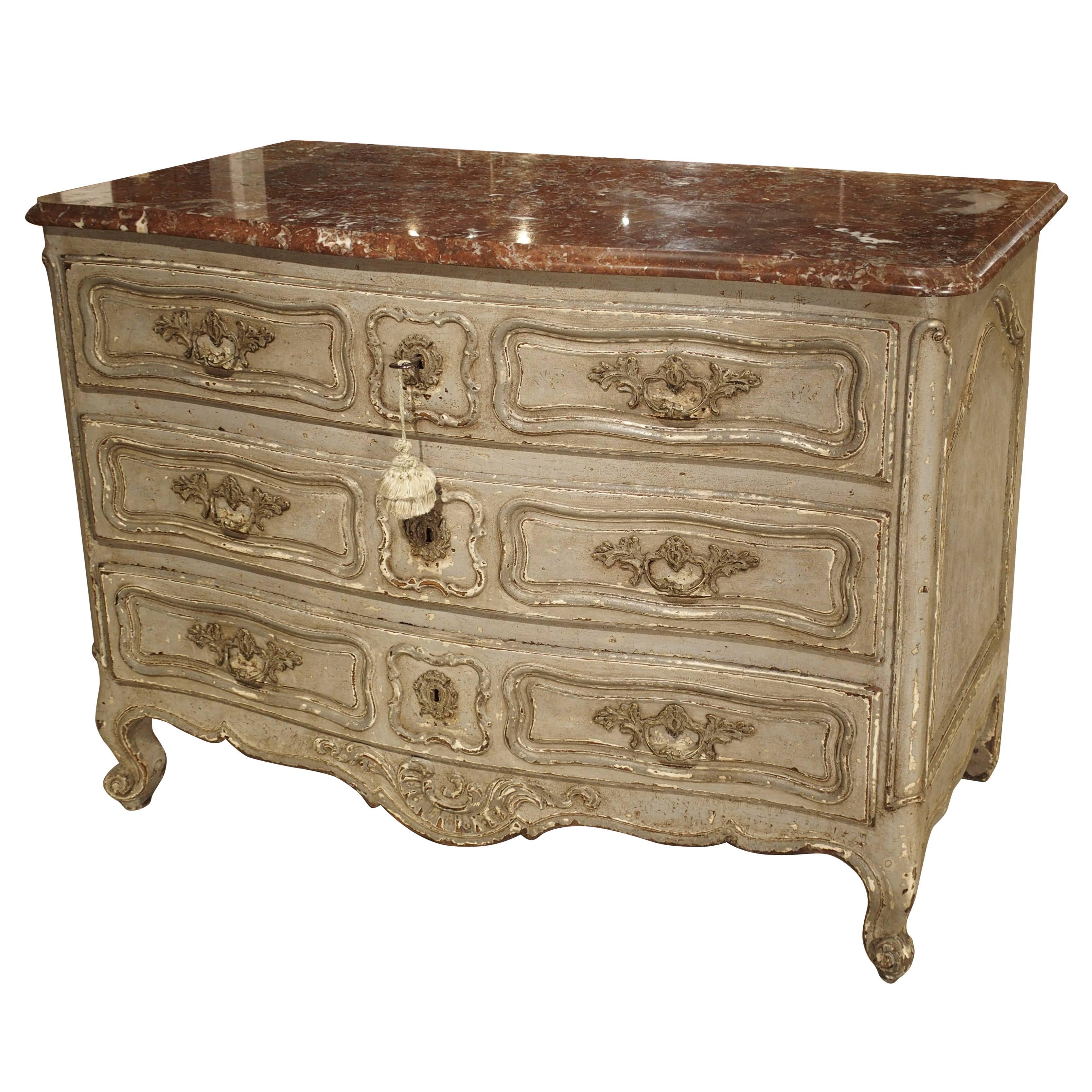 Antique Louis XV Style Painted French Chest of Drawers with Marble Top For Sale