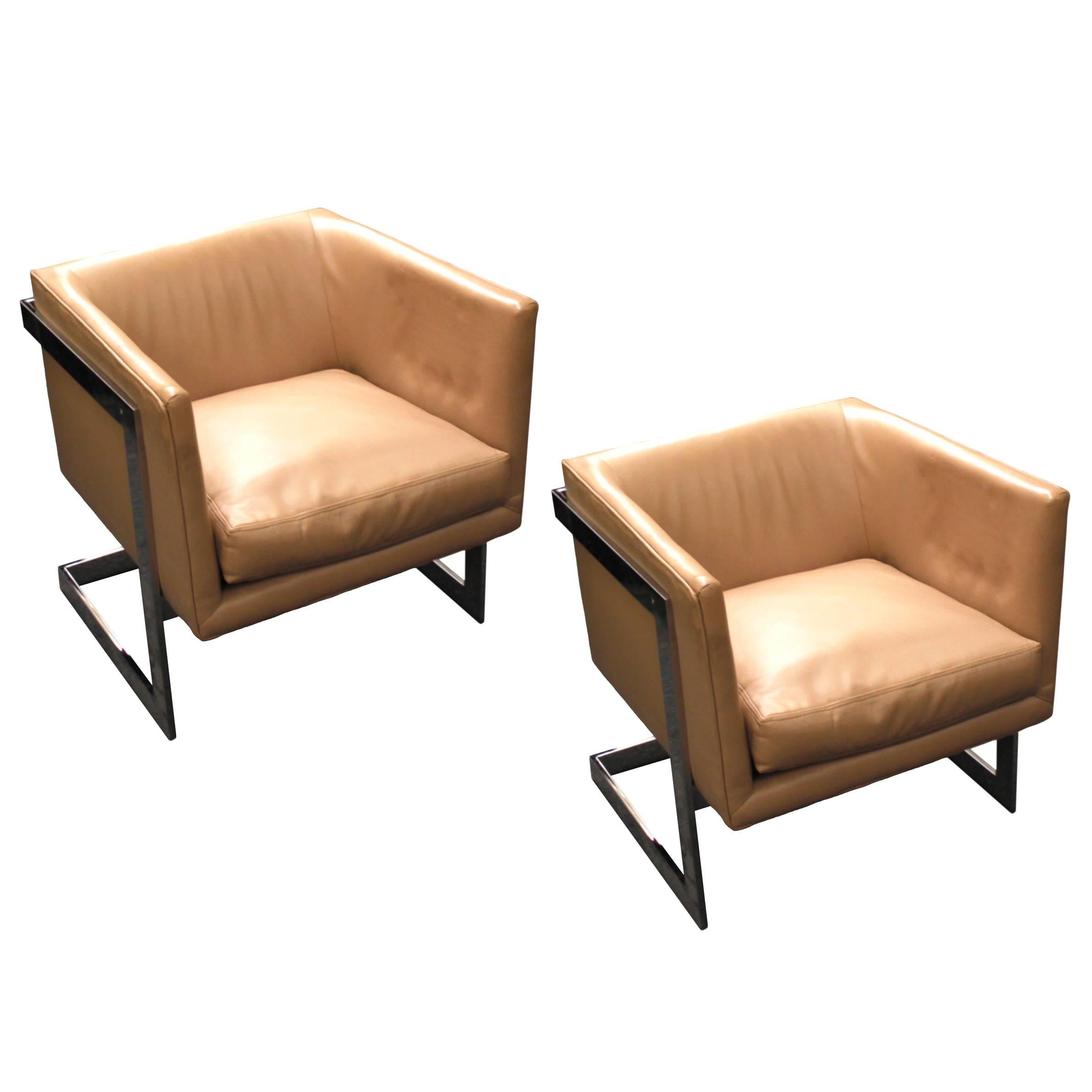 Pair of Milo Baughman "Cube" Chairs with Chromed Metal "T" Back For Sale