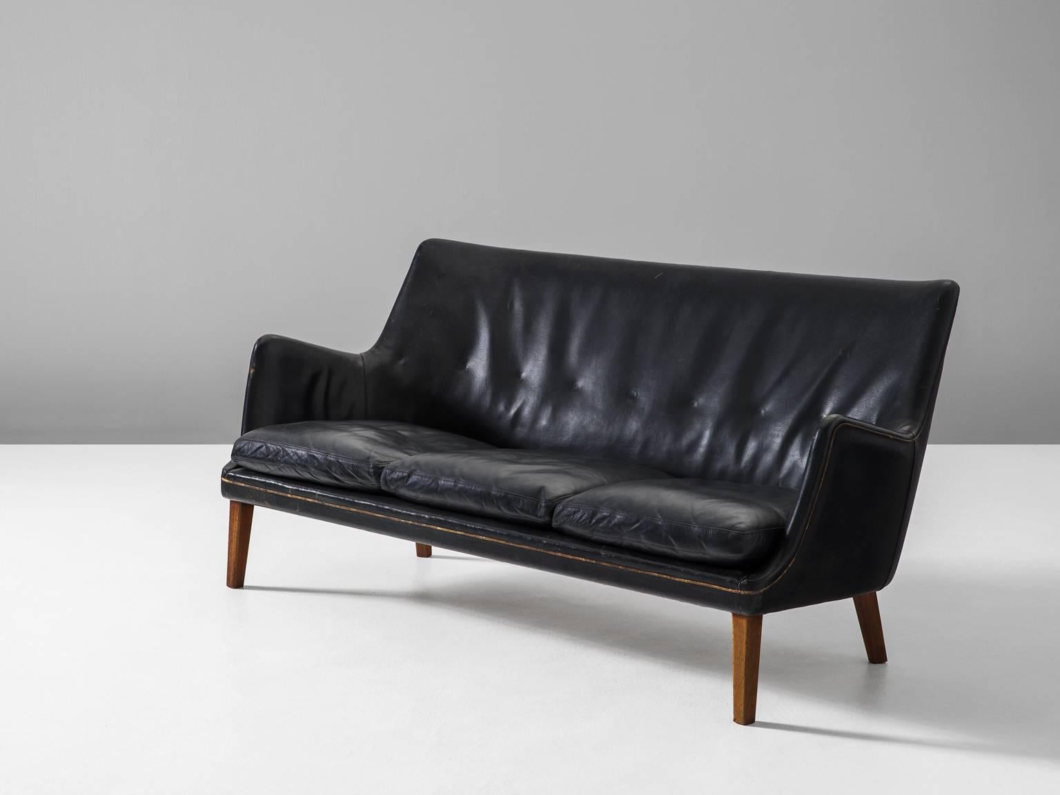 Scandinavian Modern Arne Vodder Black Leather Sofa