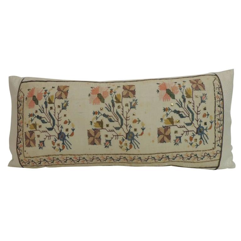 19th century turkish embroidered linen and silk decorative lumbar pillow 1 - Decorative Lumbar Pillows 19th century turkish embroidered linen and silk decorative lumbar pillow 1 - Decorative Lumbar Pillows