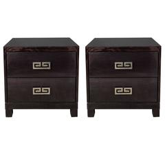 Pair of Mid-Century Greek-Key Nightstands or End Tables with Greek Key Pulls 1