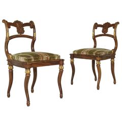 Pair of Neoclassical Gilded French Empire Style Chairs with Green Upholstery