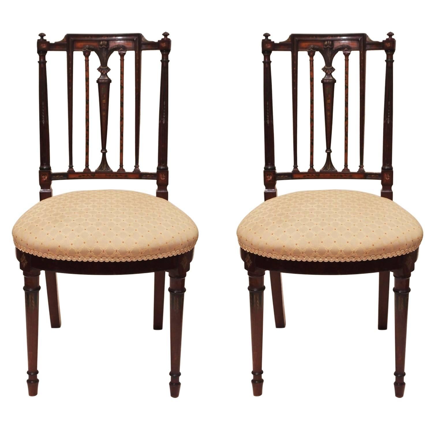 Pair of Antique English Sheraton Satinwood and Mahogany Inlaid Chairs