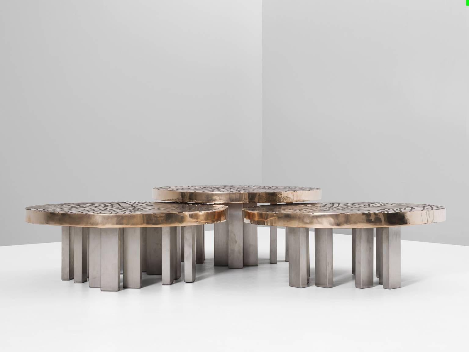 Belgian Set of Three Sculptural Bronze Coffee Tables by Inform
