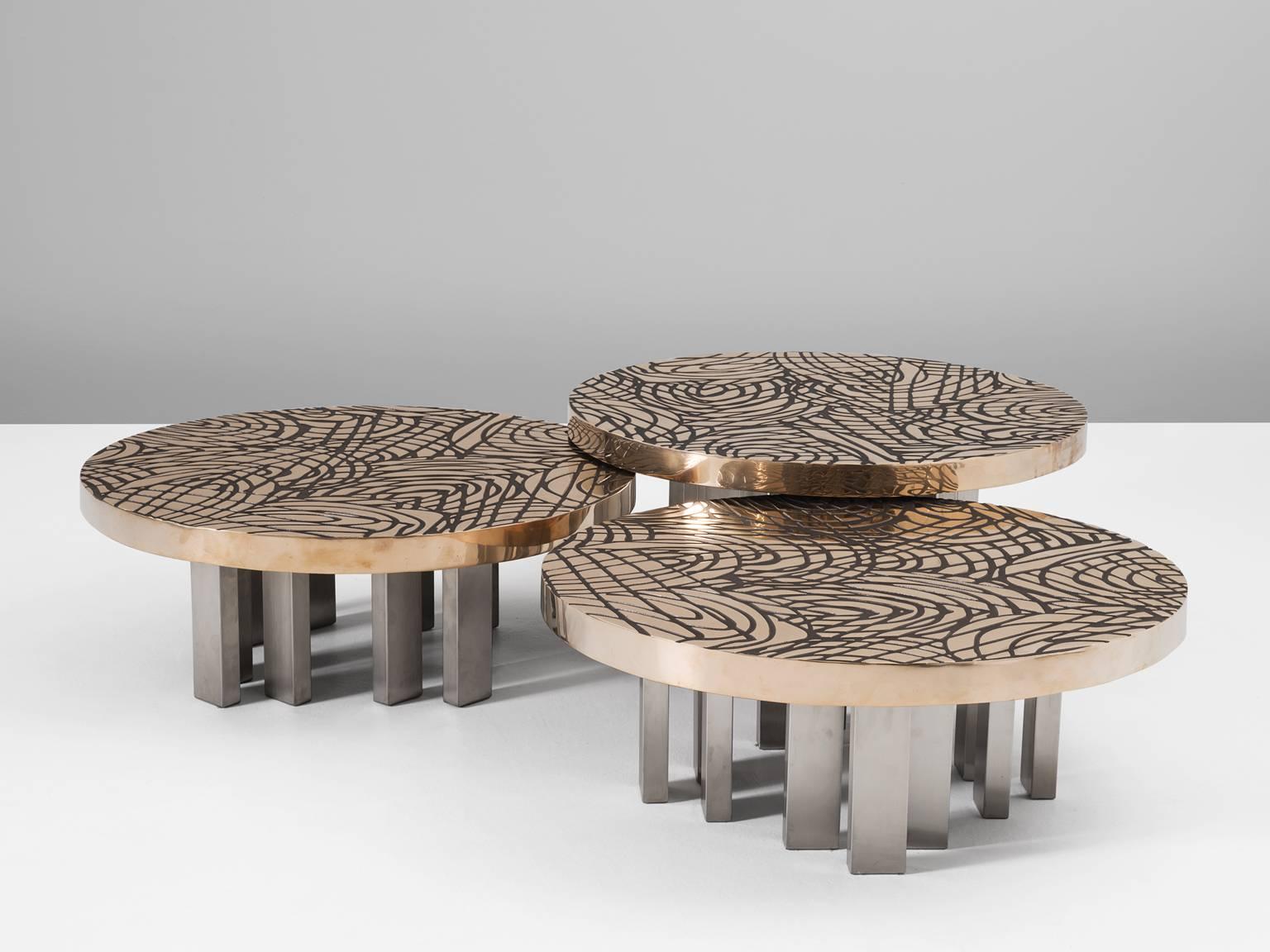 Hollywood Regency Set of Three Sculptural Bronze Coffee Tables by Inform
