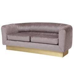 Milo Baughman Thayer Coggin Attributed Velvet Grey Settee Sofa Brass Plinth