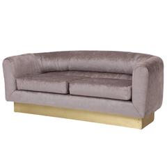 Milo Baughman Thayer Coggin Velvet Platinum Grey Settee Sofa Brass Plinth, 1980 7