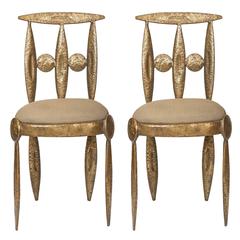 Pair of Rare Brutalist Gilt Metal Side Chairs