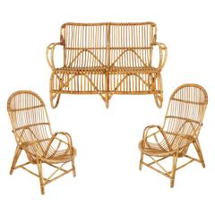 Superb Set of French Vintage Bamboo Settee with Two Armchairs and Magazine Rack