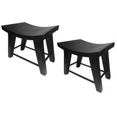 Pair of Black Sturdy Massive Wood Africanist Style Stools 9