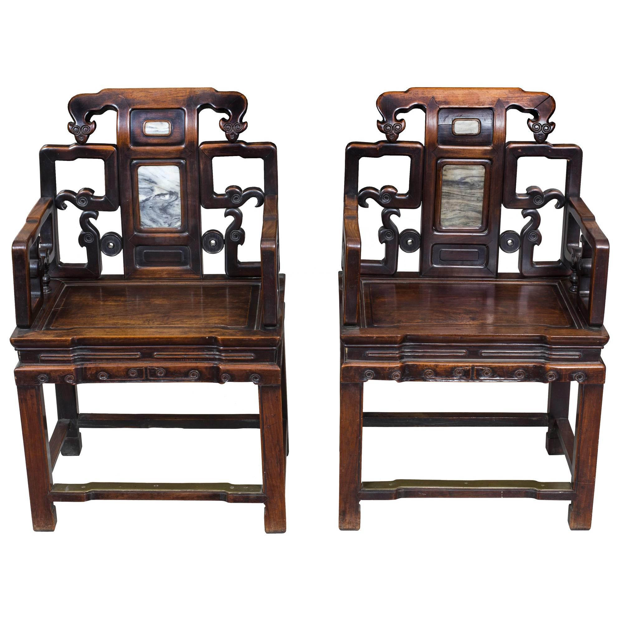 Pair of Brass and Marble-Mounted Carved Mahogany Open Armchairs