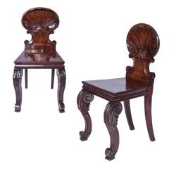 Antique Irish 19th Century Pair of Architectural Hall Chairs with Shell Backs