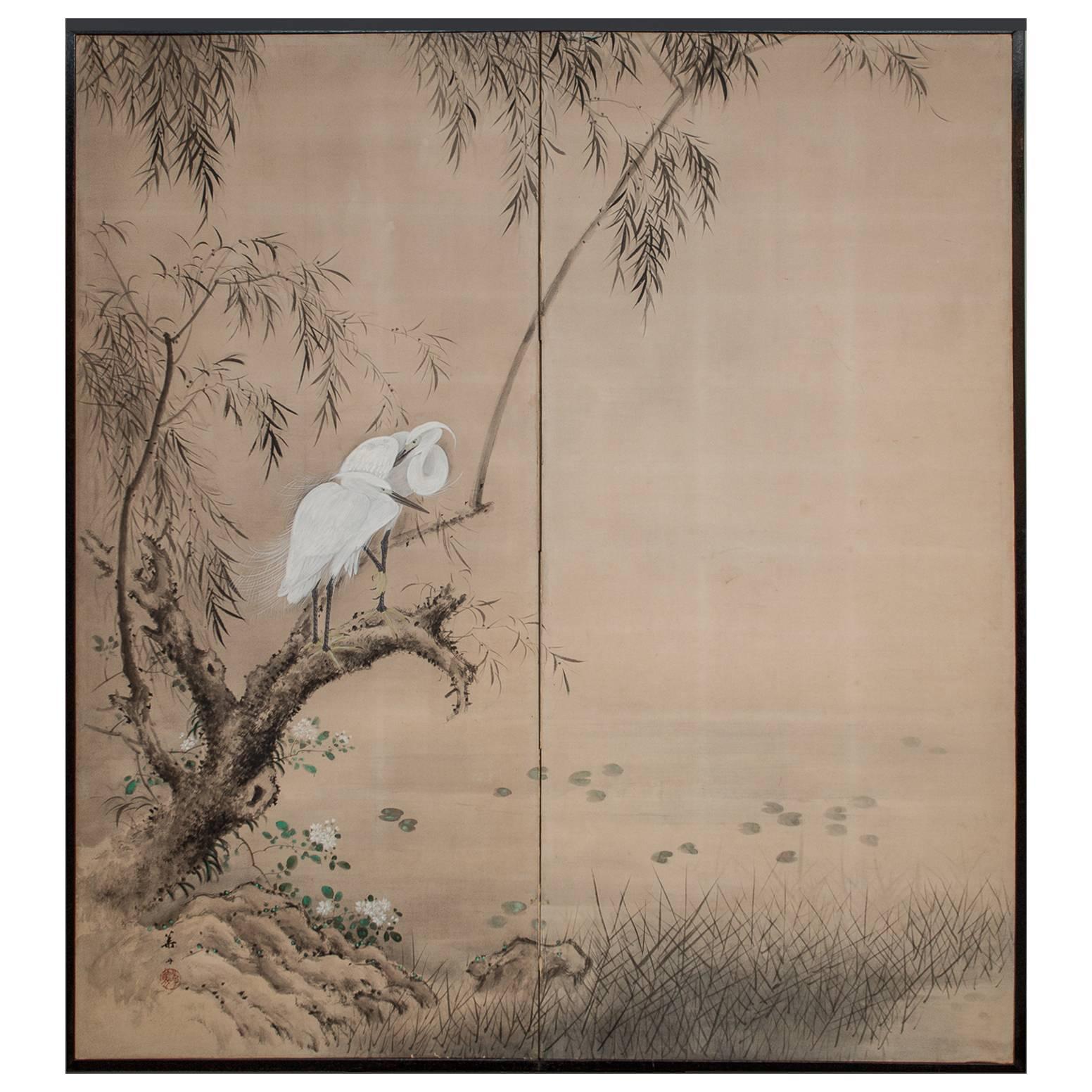 Japanese Two Panel Screen:  Herons in Willow by Pond's Edge