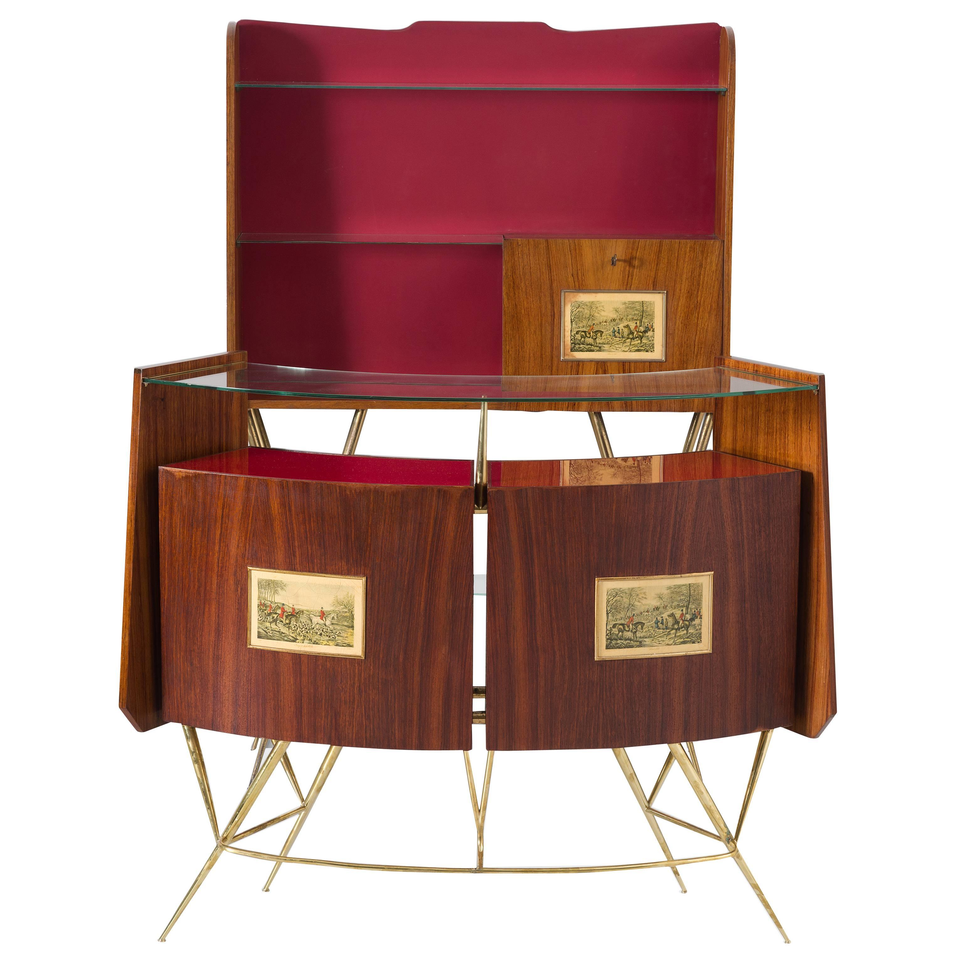 Italian Dry Bar in Rosewood, Brass and Glass