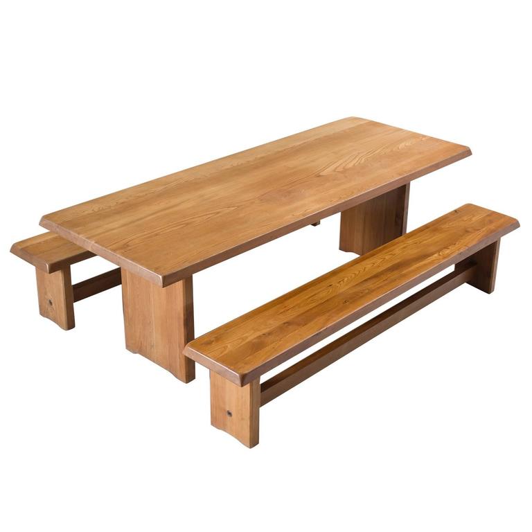 Pierre Chapo XL Dining Table and Two Benches in Solid Elm For Sale at 1stDibs