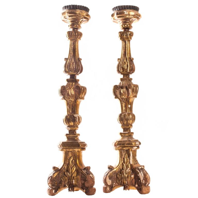 Pair of Tall 18th Century Italian Altar Sticks For Sale