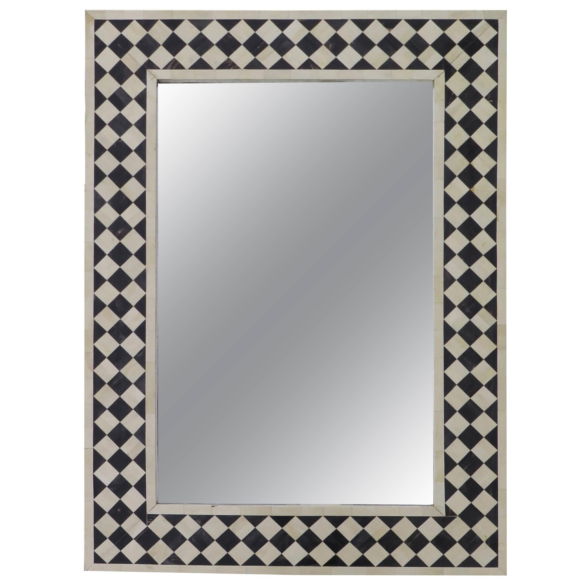 Anglo-Indian Black and White Bone Inlay Mirror Checkerboard Design For Sale