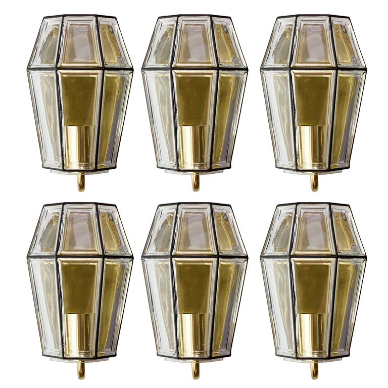 Six Iron and Clear Glass WallMounted Light Fixtures by Glashütte