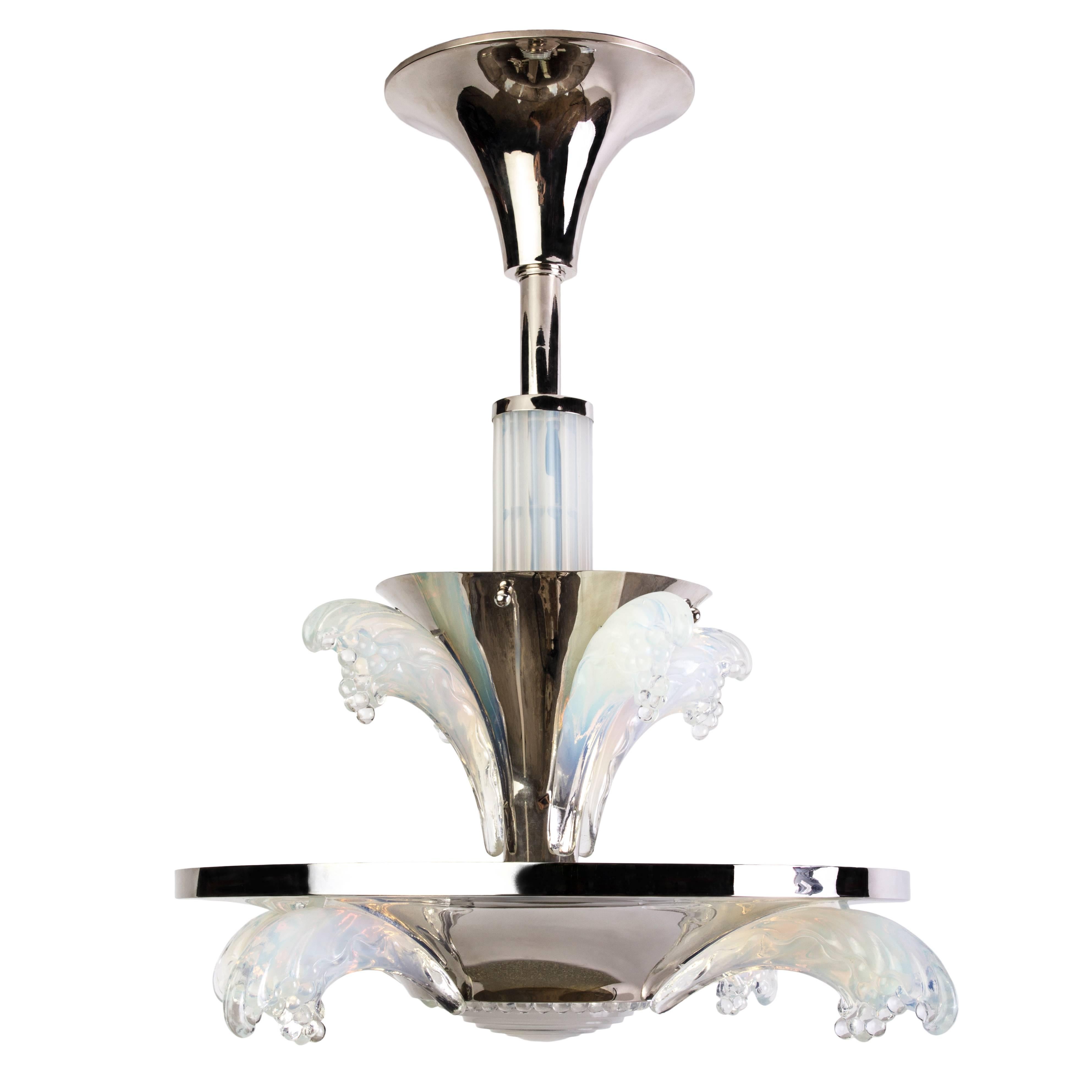 Petit French Art Deco Opalescent Glass Chandelier by Sabino For Sale