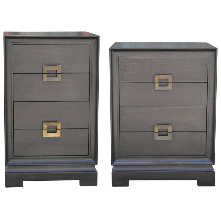 Luxe Pair of Modern Ebonized Nightstands with Brass Handles at 1stdibs